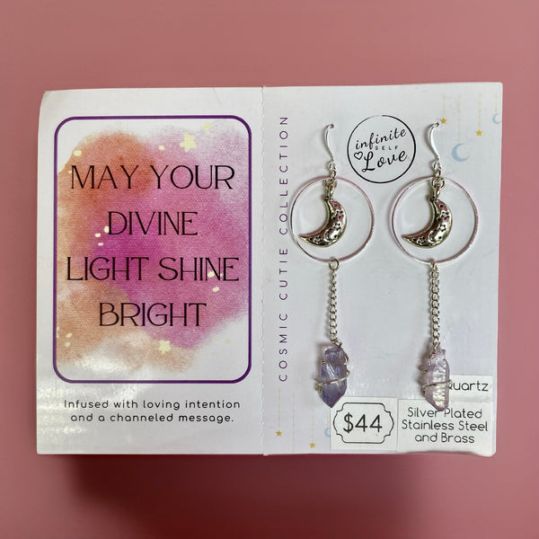 Silver Moon Hoop Aura Quartz Earrings. Light Language gemstone jewelry for self love and energy healing.
