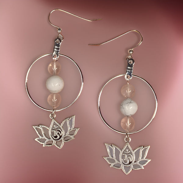 Silver lotus hoop earrings with rose quartz and white howlite gemstones. Light Language infused gemstone jewelry for self love and energy healing. 