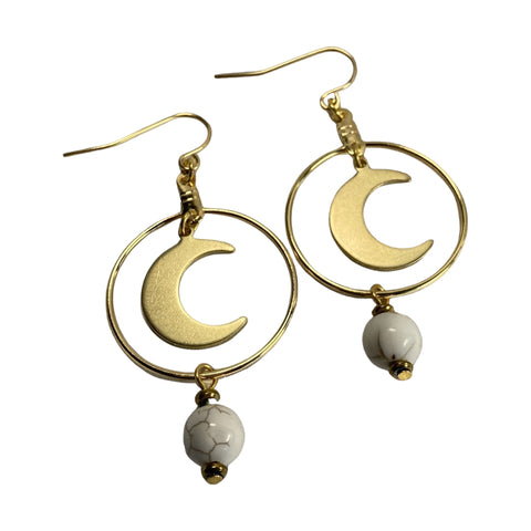 Gold Moon Hoop Earrings - White Howlite and Hematite