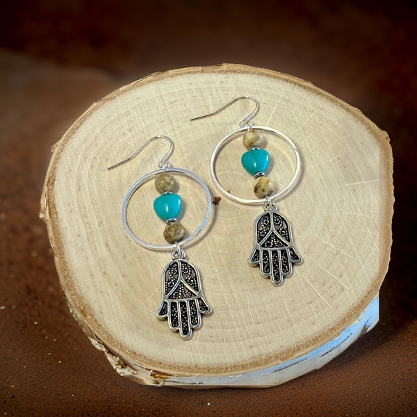 Silver gemstone earrings with hoops, hamsa symbol, turquoise magnesite heart and picture jasper beads. Light Language infused gemstone jewelry for self love and energy healing. 