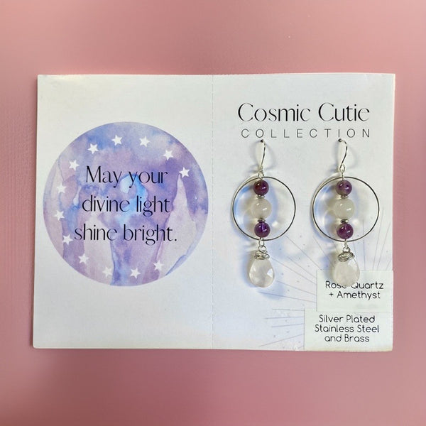 Amethyst and Rose Quartz gemstone earrings with silver hoops. Gemstone jewelry Infused with healing energy using Light Language to promote self love 