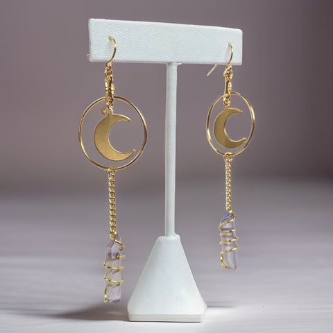 Moon and aura quartz gold hoop earrings. Light Language infused gemstone jewelry for self love and energy healing 