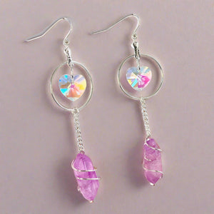 Aura quartz Crystal heart hoop earrings. Gemstone jewelry infused with Light Language healing energy for self love