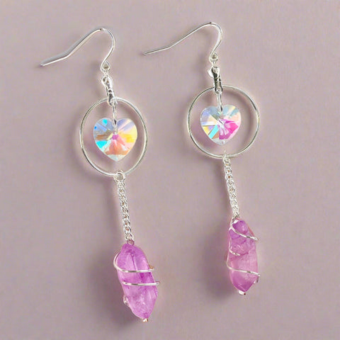 Aura quartz Crystal heart hoop earrings. Gemstone jewelry infused with Light Language healing energy for self love