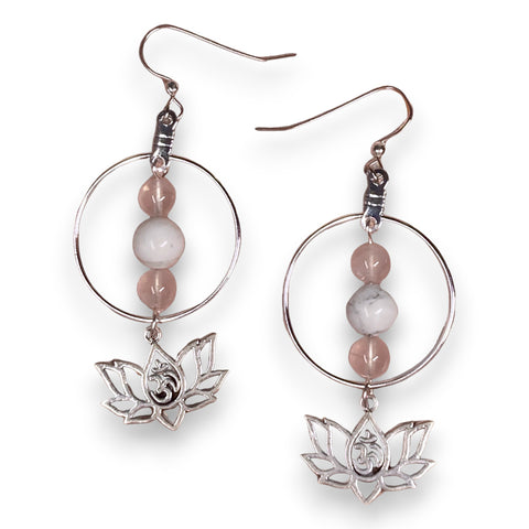 Silver Lotus Hoop Earrings with Howlite and Rose Quartz