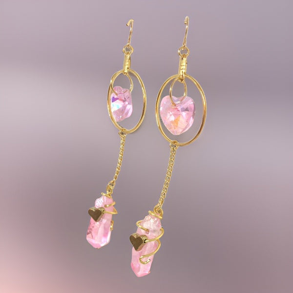 Pink aura quartz and pink crystal heart gold hoop earrings. Light Language infused gemstone jewelry for self love and energy healing. 
