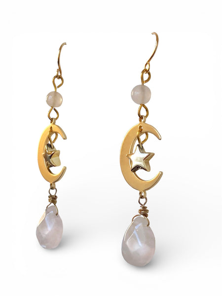 Rose Quartz Moon and Star Dangles