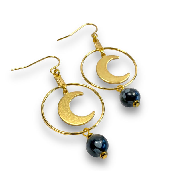 Gold plated moon hoop dangle earrinigs with semi precious gemstones