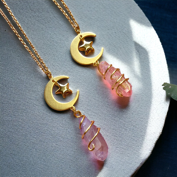 Pink/Purple Aura Quartz Moon and Star Necklace