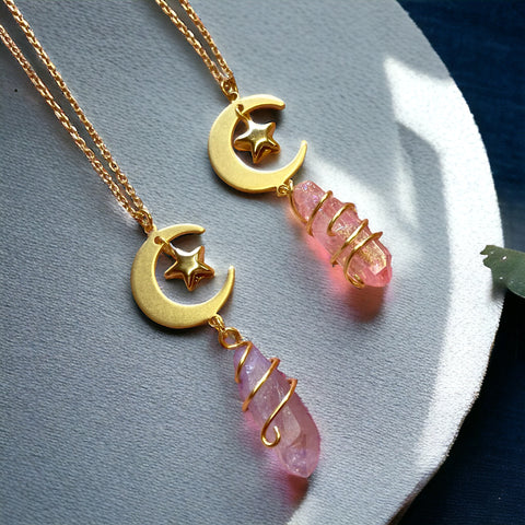 Pink/Purple Quartz Moon and Star Necklace