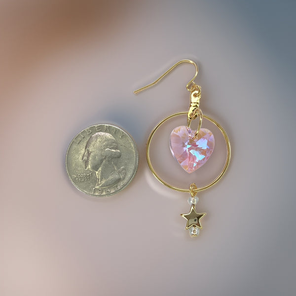 Pink Crystal Heart Gold Hoop Earrings