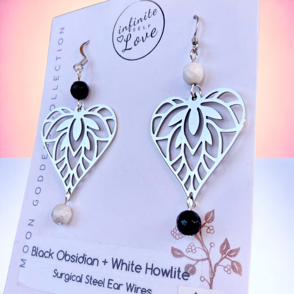 Silver Heart Leaf Earrings with Howlite and Obsidian Gemstones