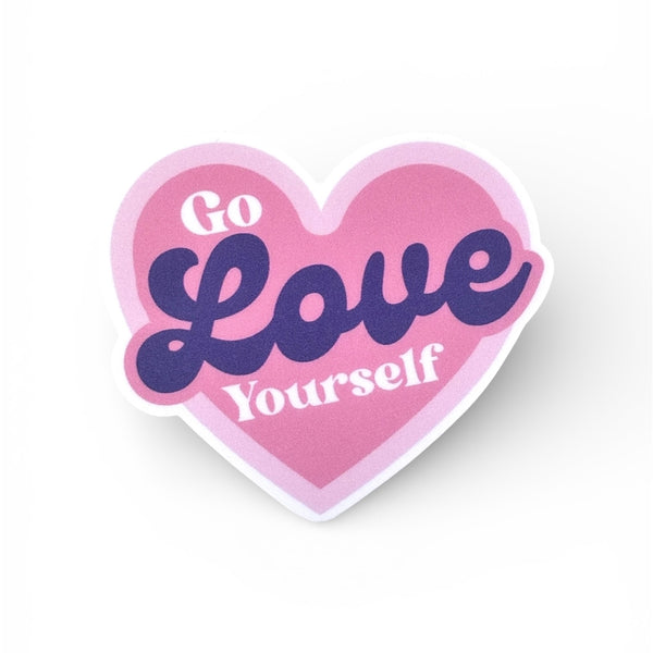 Heart-shaped pink and purple sticker with 'Go Love Yourself' text on a white background