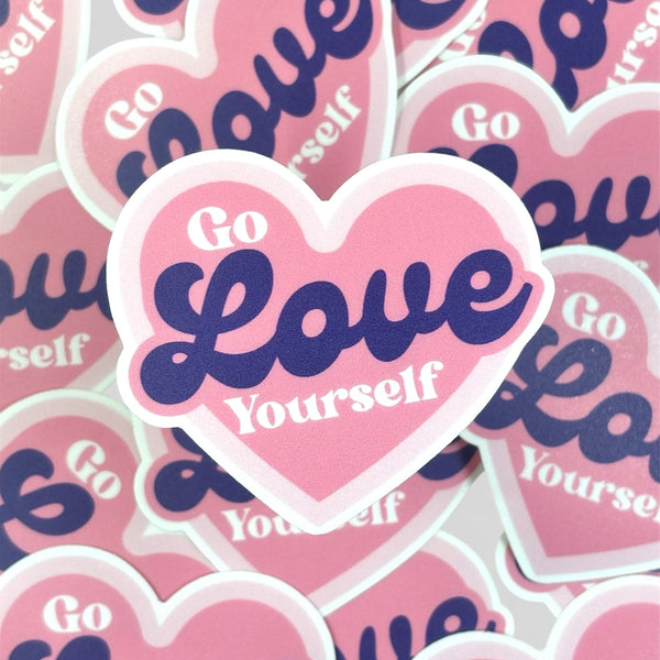 Heart-shaped stickers with 'Go Love Yourself' text 