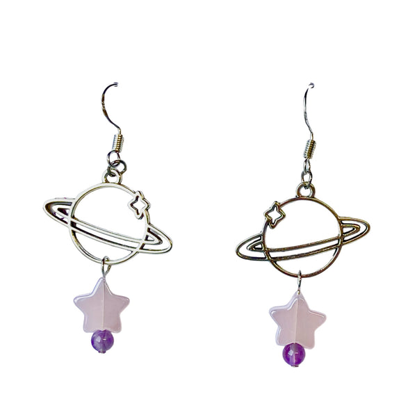 Silver planet amethyst earrings with pink star and amethyst