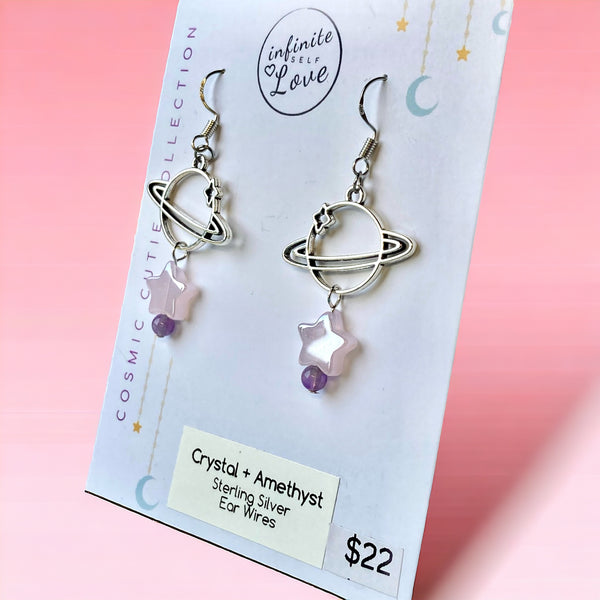 Silver planet amethyst earrings with pink star and amethyst