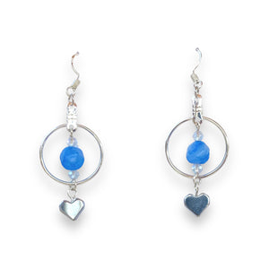 Blue quartz silver hoop heart earrings
