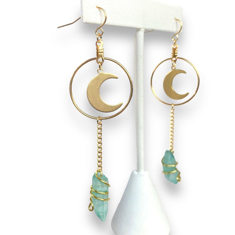 Gold moon hoop aura quartz earrings
