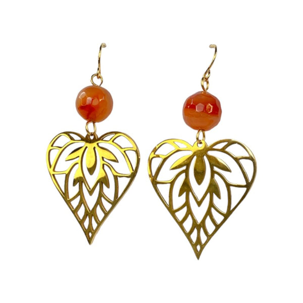 gold heart leaf carnelian gemstone earrings for self love and energy healing