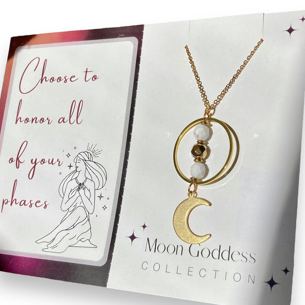 Gold moon gemstone necklace with howlite and hematite