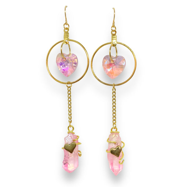 Pink Crystal Heart Gold Dangle Earrings – Infinite Self Love