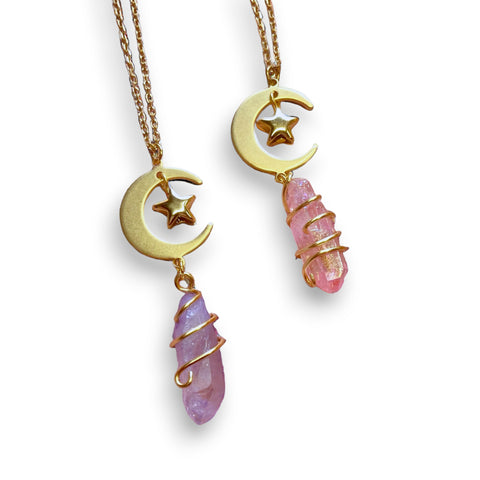 Pink/Purple Aura Quartz Moon and Star Necklace