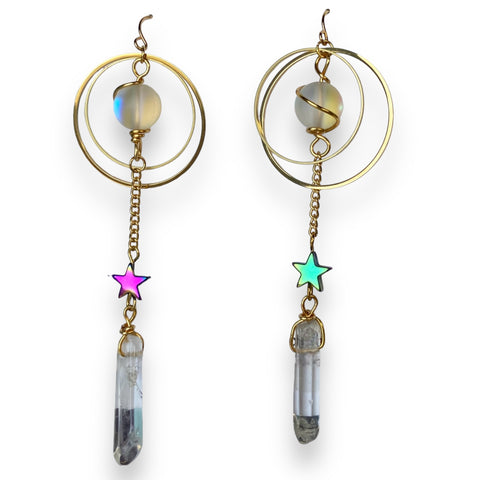 Quartz and Crystal Gemstone Gold Hoop Earrings