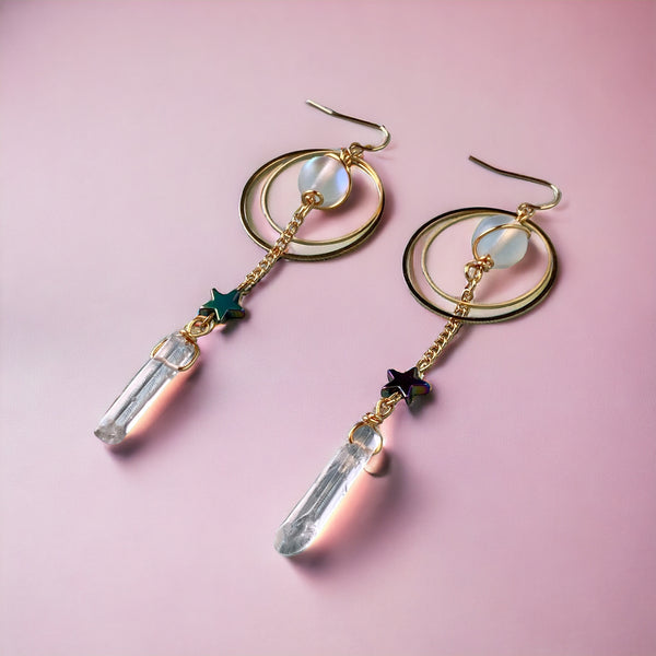 Quartz and Crystal Gemstone Gold Hoop Earrings