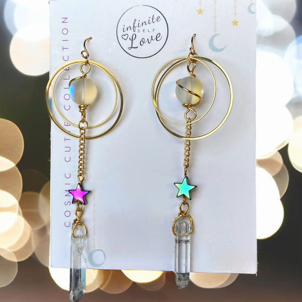 Quartz and Crystal Gemstone Gold Hoop Earrings