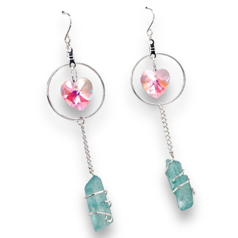 Quartz Crystal Heart Silver Dangle Earrings - Aqua Blue Aura Quartz