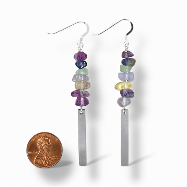 Rainbow Fluorite Gold Rectangle Dangle Earrings
