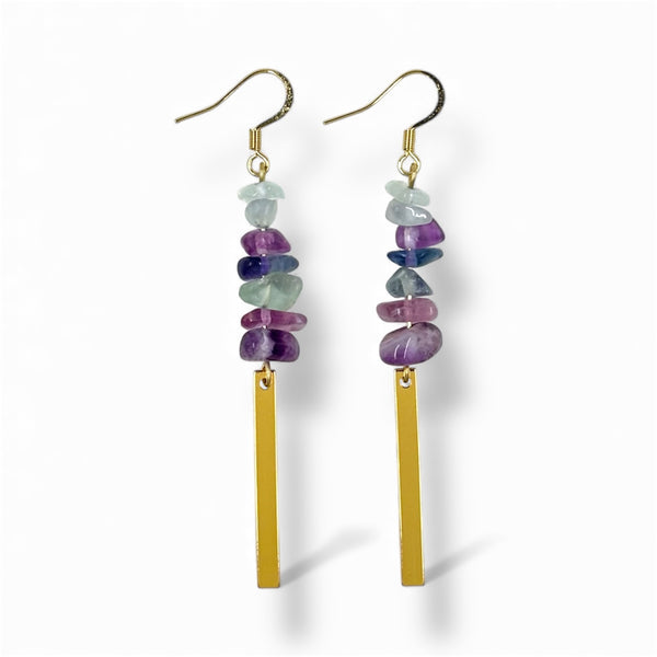 Rainbow Fluorite Gold Rectangle Dangle Earrings