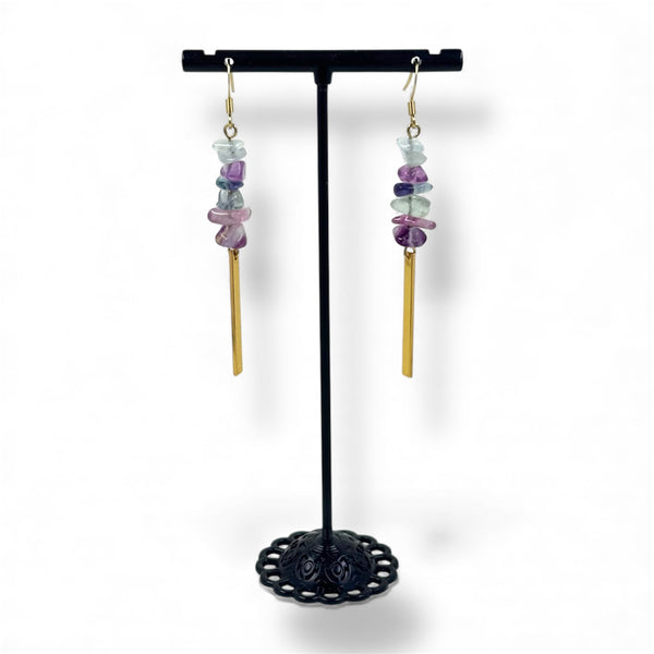 Rainbow Fluorite Gold Rectangle Dangle Earrings