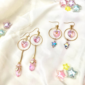Self love jewelry, Handmade spiritual jewelry, Light language jewelry, Crystal heart hoop earrings, Celestial earrings gold, pink heart dangle earrings, iridescent crystal earrings, iridescent star earrings, spiritual gifts for self love