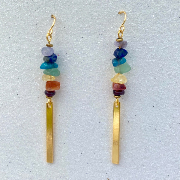 rainbow chakra gemstone gold rectangle earrings