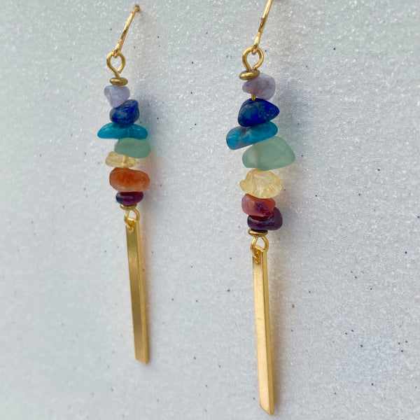 rainbow chakra gemstone gold rectangle earrings