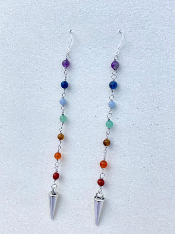 rainbow chakra gemstone silver dangle earrings with silver spikes