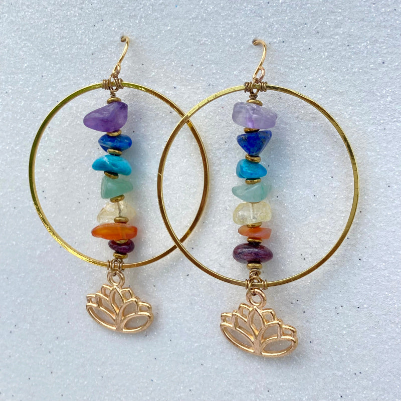 rainbow chakra gemstone gold hoop earrings with gold lotus
