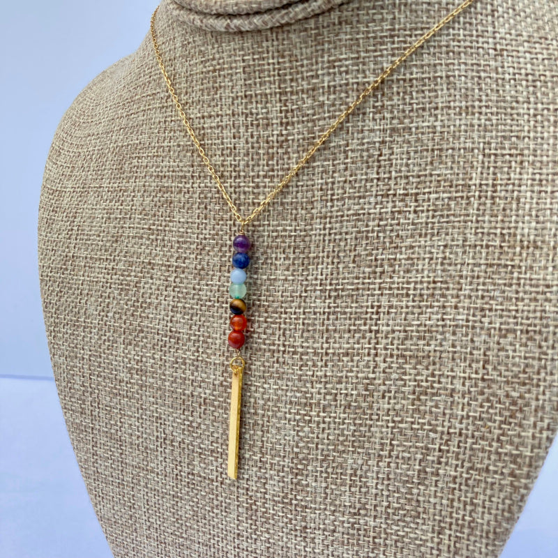 rainbow chakra gemstone gold rectangle necklace