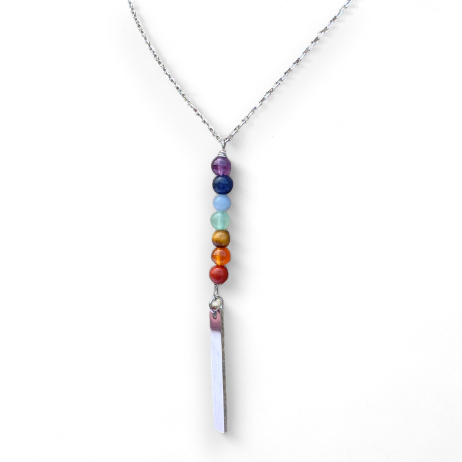 Rainbow Chakra Gemstone Silver Rectangle Necklace