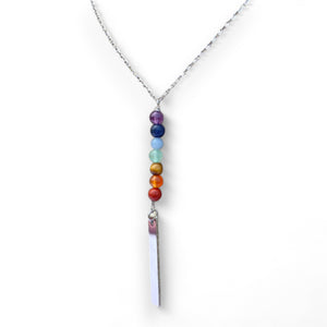 Rainbow Chakra Gemstone Silver Rectangle Necklace