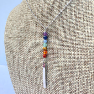 rainbow chakra gemstone silver rectangle necklace