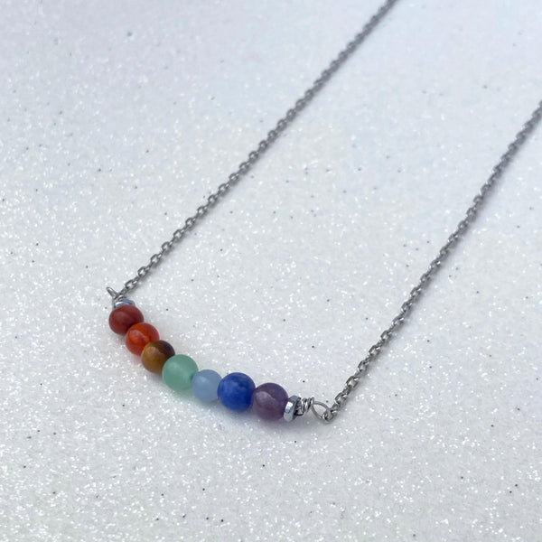 rainbow chakra gemstone silver stainless steel necklace. Light Language infused gemstone jewelry for self love and energy healing 