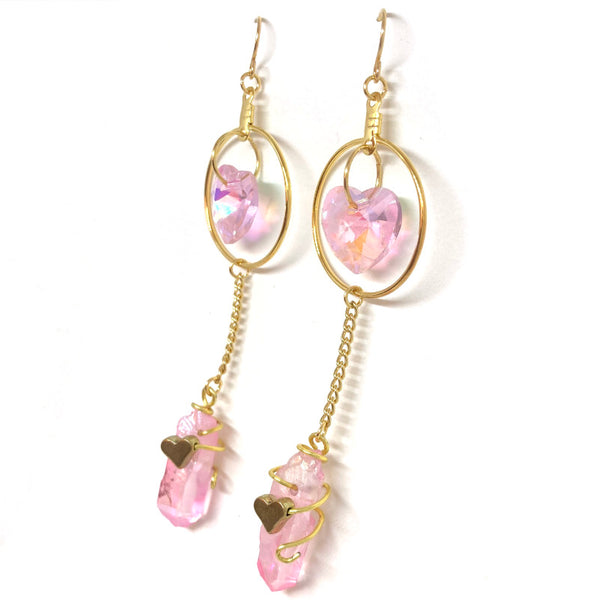 Pink Crystal Heart Gold Dangle Earrings