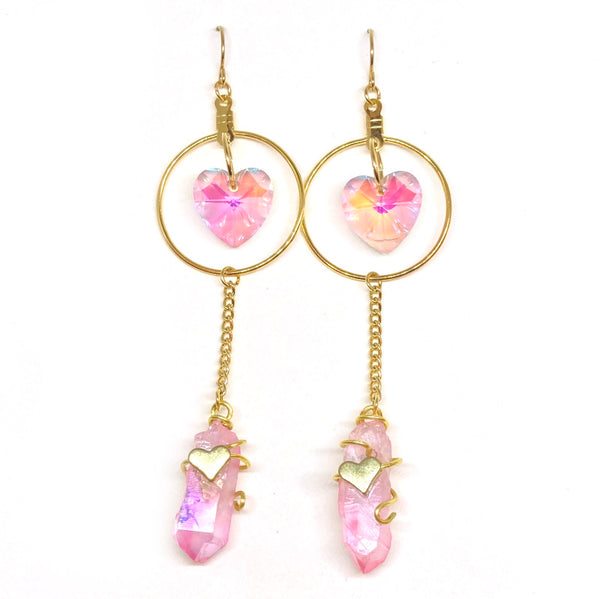 Pink Crystal Heart Gold Dangle Earrings