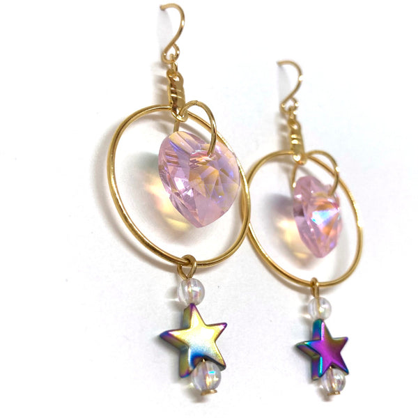 Pink Crystal Heart Gold Hoop Earrings