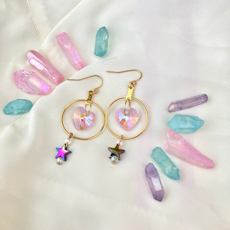 Pink Crystal Heart Gold Hoop Earrings