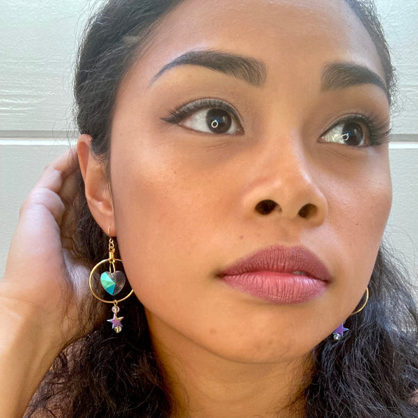 Pink Crystal Heart Gold Hoop Earrings