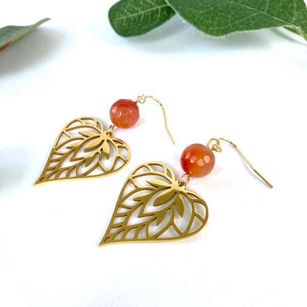 gold heart leaf carnelian gemstone earrings for self love and energy healing