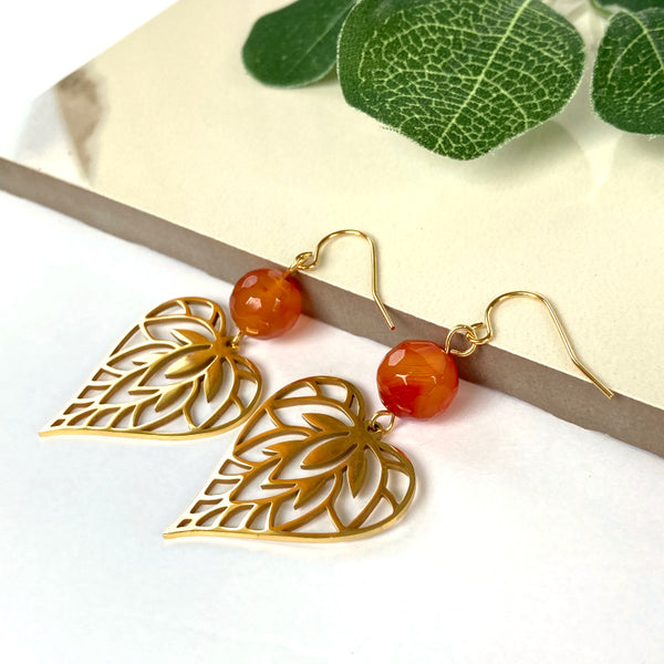 gold heart leaf carnelian gemstone earrings for self love and energy healing